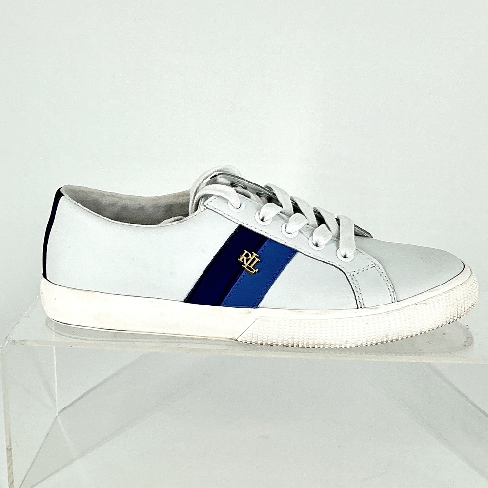 Ralph Lauren Size 6.5 Janson II Pale Blue Leather Stripe Sneakers Shoes Womens
